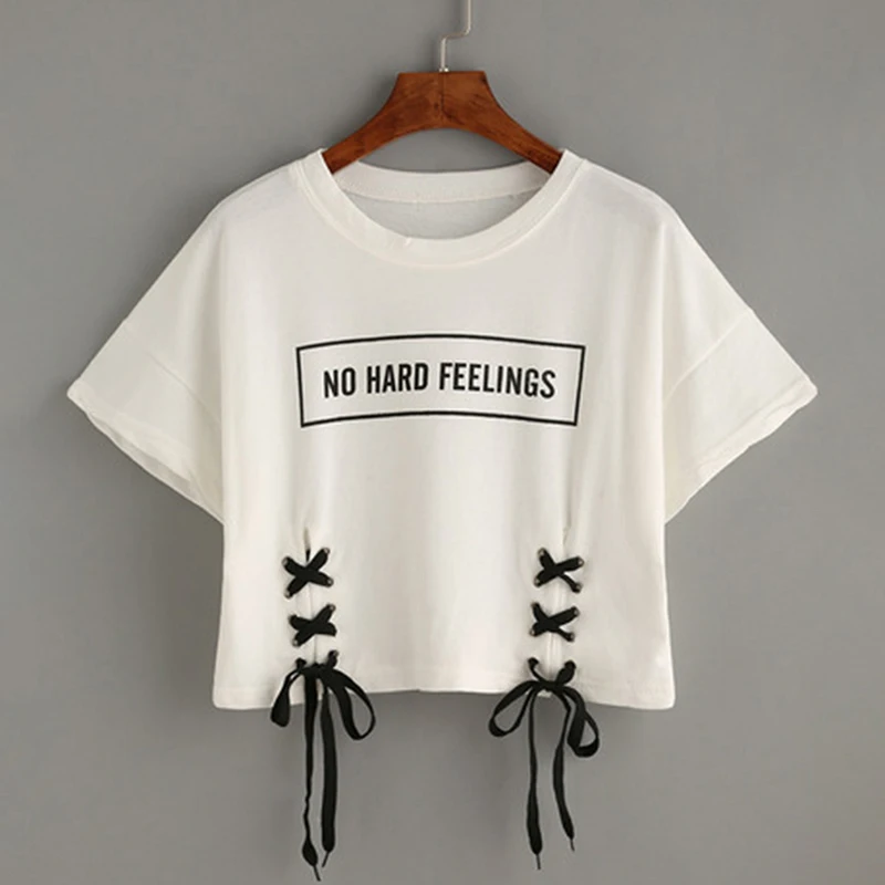 New Fashion Cross Bandage High Street Tshirts Casual Tops Women Letter Short Sleeves O-Neck Cotton Blend Tees Female Clothing | Женская
