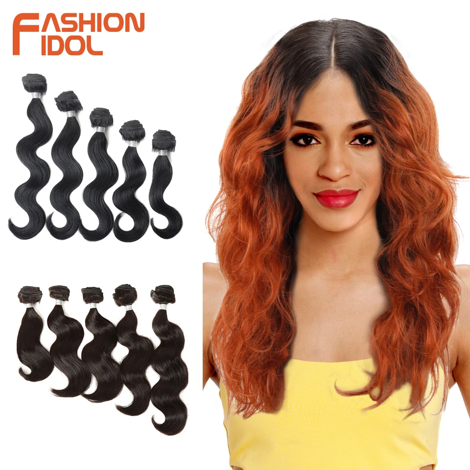 FASHION IDOL Synthetic Hair Natural Black Color Body Wave 5Pcs/Pack 8-10-10-12-14Inches Brazilian Weave Bundles Ombre | Шиньоны и