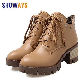 British Women Lace-up Rivet Martin Platform Boots PU Leather Plush Round Toe High Square Heel Casual Lady Stud Short Ankle Boots
British Women Lace-up Rivet Martin Platform Boots PU Leather Plush Round Toe High Square Heel Casual Lady Stud Short Ankle Boots