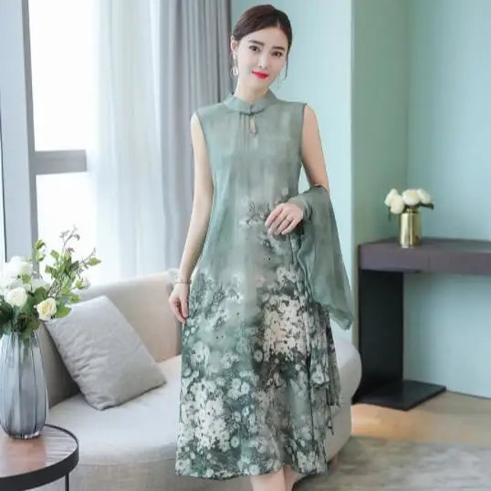 Green Summer Autumn New Chinese Style Retro Stand Collar Dress Temperament Long Flower Two-Piece Faux Silk Female Dresses DC931
Green Summer Autumn New Chinese Style Retro Stand Collar Dress Temperament Long Flower Two-Piece Faux Silk Female Dresses DC931