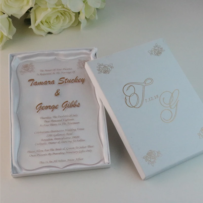 Sample Personalized foiling rose gold clear Acrylic Wedding Invitation Cards For Party invitations with foiled boxes
Sample Personalized foiling rose gold clear Acrylic Wedding Invitation Cards For Party invitations with foiled boxes