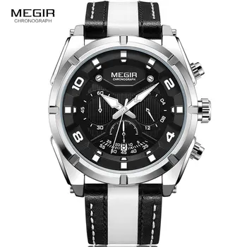 

MEGIR Fashion Men's Chronograph Quartz Watches Leather Strap Luminous Hands 24-hour Sports Analogue Wristwatch for Man 2076White