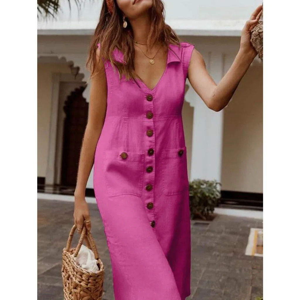 Women's Summer Dress Casual Solid With Buttons Sleeveless Mid Dress Party Vestidos Robe Femme Dresses For Women d715
Women's Summer Dress Casual Solid With Buttons Sleeveless Mid Dress Party Vestidos Robe Femme Dresses For Women d715