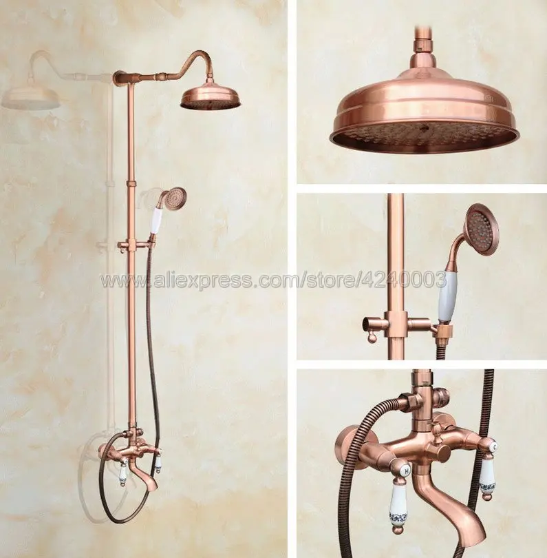 Antique Red Copper 8 inch Shower Head Bathroom Shower Faucet Sets Double Handles Mixer Tap with Hand Shower Sprayer Krg647
Antique Red Copper 8 inch Shower Head Bathroom Shower Faucet Sets Double Handles Mixer Tap with Hand Shower Sprayer Krg647