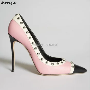 SHOOEGLE Pink Black White Patchwork High Heels Party Shoes Women Rivets Studs Pumps Pointed Toe Dress Heels Slip On Stilettos
SHOOEGLE Pink Black White Patchwork High Heels Party Shoes Women Rivets Studs Pumps Pointed Toe Dress Heels Slip On Stilettos