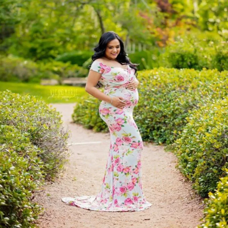 Printing Pregnant Woman Photograph V Lead Short Sleeve Portrait Nostalgia Longuette vestidos maternity dresses for photo shoot | Мать и