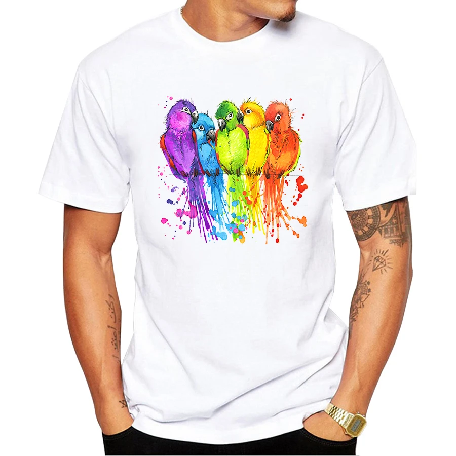 Футболка с акварельным принтом попугая/Совы/страуса для мужчин Camisetas Hombre