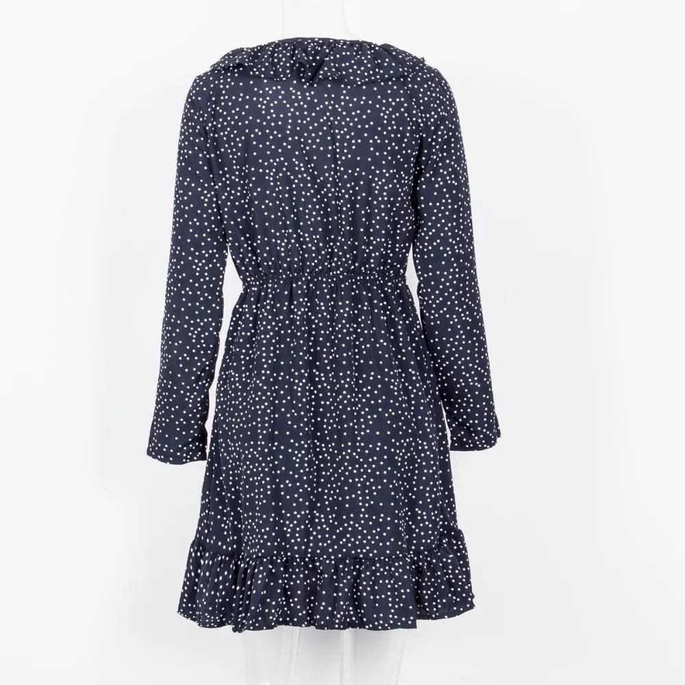 navy blue Polka Dot Chiffon Dress With Deep Ruffle Neck