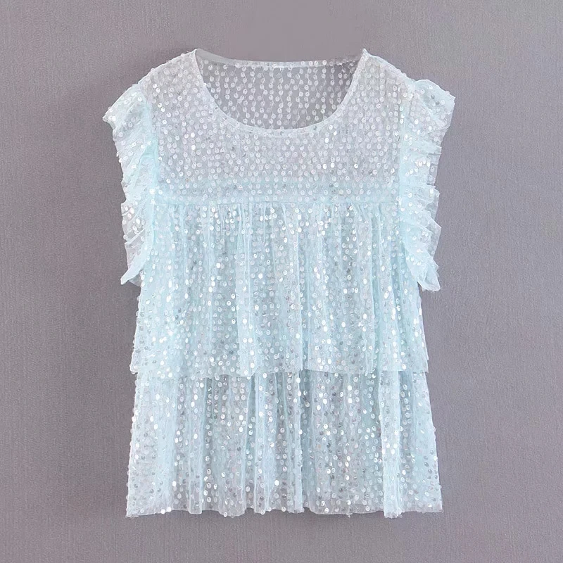 Sexy Women Lace Bling Blouses 2019 Summer Party Ladies Chic Round Neck Shirts Club Girls Sequin Ruffles Street-wear Tops femme 
Sexy Women Lace Bling Blouses 2019 Summer Party Ladies Chic Round Neck Shirts Club Girls Sequin Ruffles Street-wear Tops femme