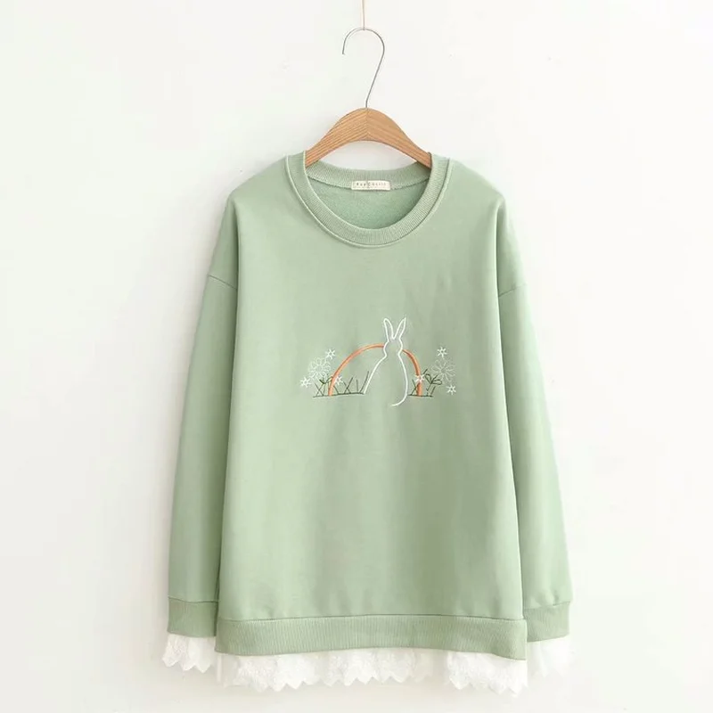 Spring Autumn Mori Girls Kawaii Sweatshirts Women Casual O Neck Cartoon Rabbit Embroidery Lace Patchwork Hoodies Fresh Loose Top
Spring Autumn Mori Girls Kawaii Sweatshirts Women Casual O Neck Cartoon Rabbit Embroidery Lace Patchwork Hoodies Fresh Loose Top