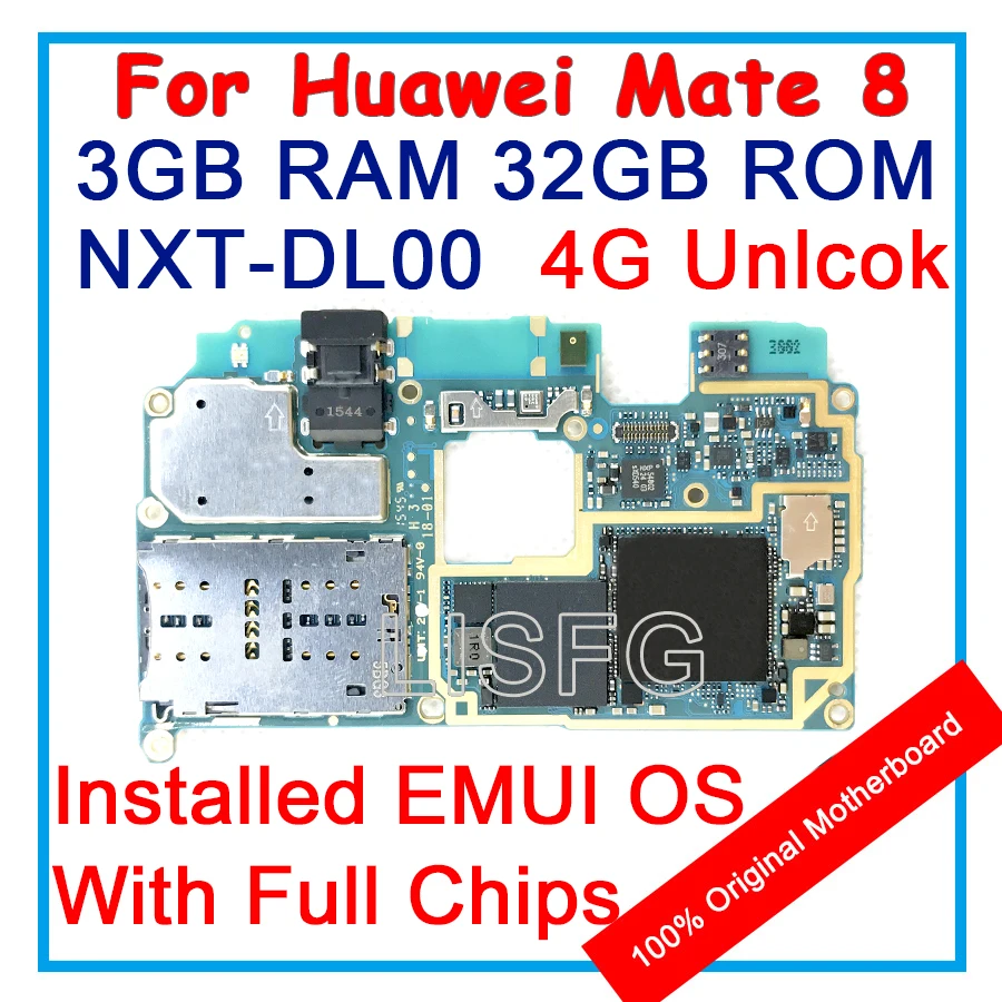 

For HUAWEI Ascend MATE 8 NXT-DL00 100% Unlocked Original Motherboard 3GB RAM 32GB ROM Mainboard EMUI Logic Board With Full Chips