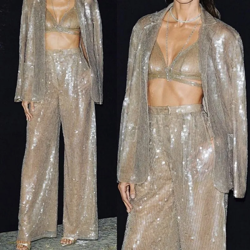 Женский Повседневный костюм с блестками прозрачный Блейзер и штаны вечерние