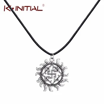 Kinitial 1Pcs Valkyrie Symbol Viking Scandinavian Amulet Pendant Necklace Charm Black Leather Chain Necklaces for Women Collier