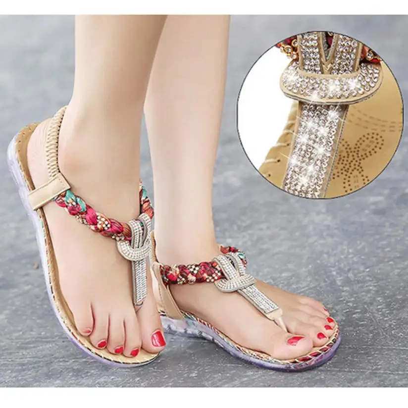 2017# Newest Summer Wedges Platform Beach Shoes Bohe Rhinestone Fashion Flat Large Size Casual Sandals Beach Shoes