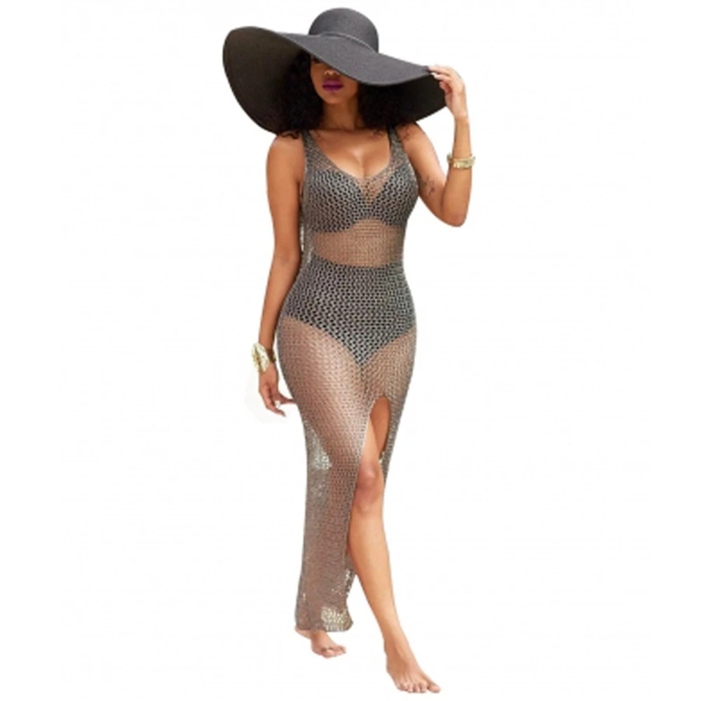 

2018 New Women Fishing Net Mesh Perspective Split Swim Wear Soild Deep V Beach Maxi Dress Hollow Out Sexy Beachwear Plus Size