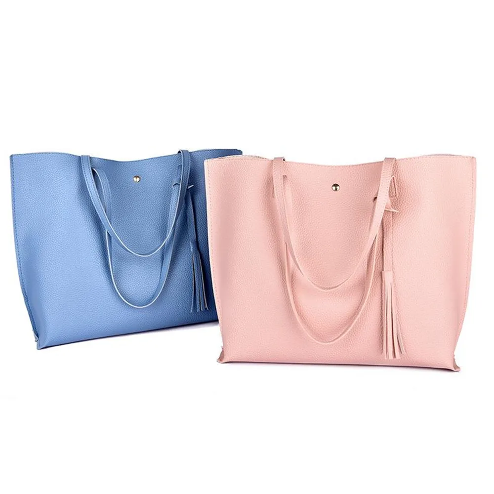 Simple Fashion Women Handbags Leather Solid Color Tassel Pendant Shopping Purse Large Capacity Travel Messenger Satchel Tote Bag | Багаж и