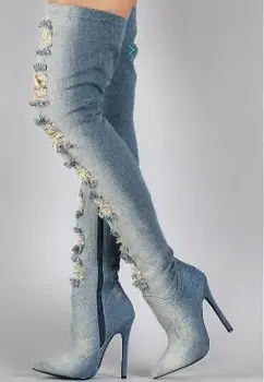 New designer thigh high cut-outs jean high heel gladiator boots women boots Spring Autumn pointed toe long denim boots size
New designer thigh high cut-outs jean high heel gladiator boots women boots Spring Autumn pointed toe long denim boots size