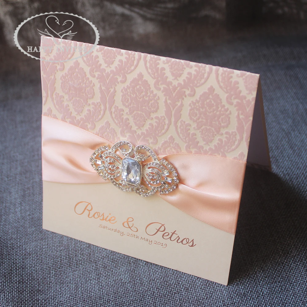 HI6023-08 Custom Ivory Wedding Card with Pink Flocking Design