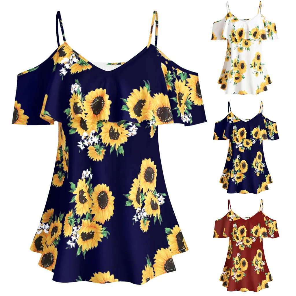 Fashion Women blouse summer Plus Size sexy Sunflower blusas de girasol Short Sleeve Ruffles Cold Shouder blusas mulher elegantes
Fashion Women blouse summer Plus Size sexy Sunflower blusas de girasol Short Sleeve Ruffles Cold Shouder blusas mulher elegantes