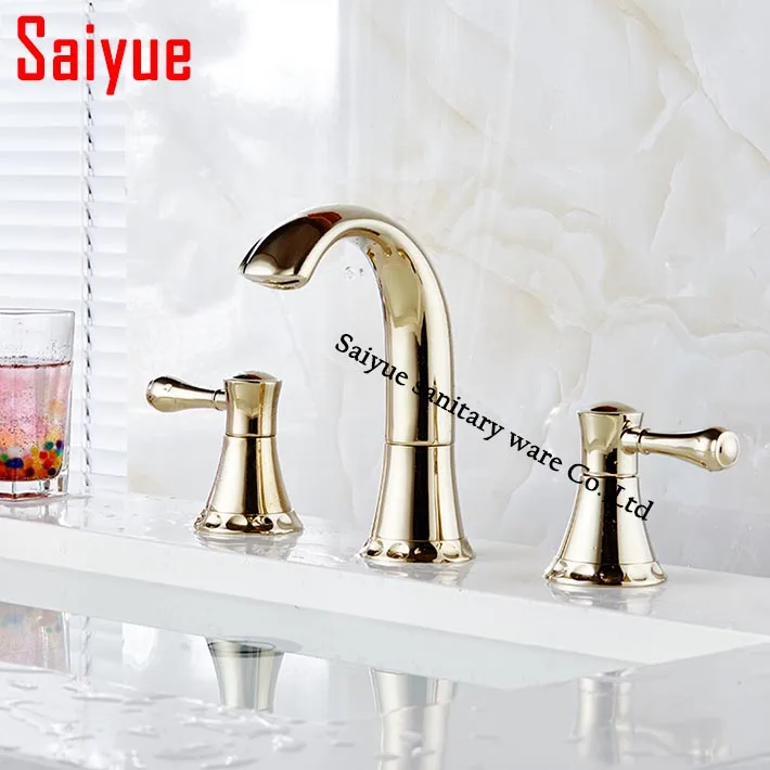 

Contemporary Widespread 3 Holes waterfall Bathroom Sink Faucet Gold Finish Dual Handles Basin Mixer Tap