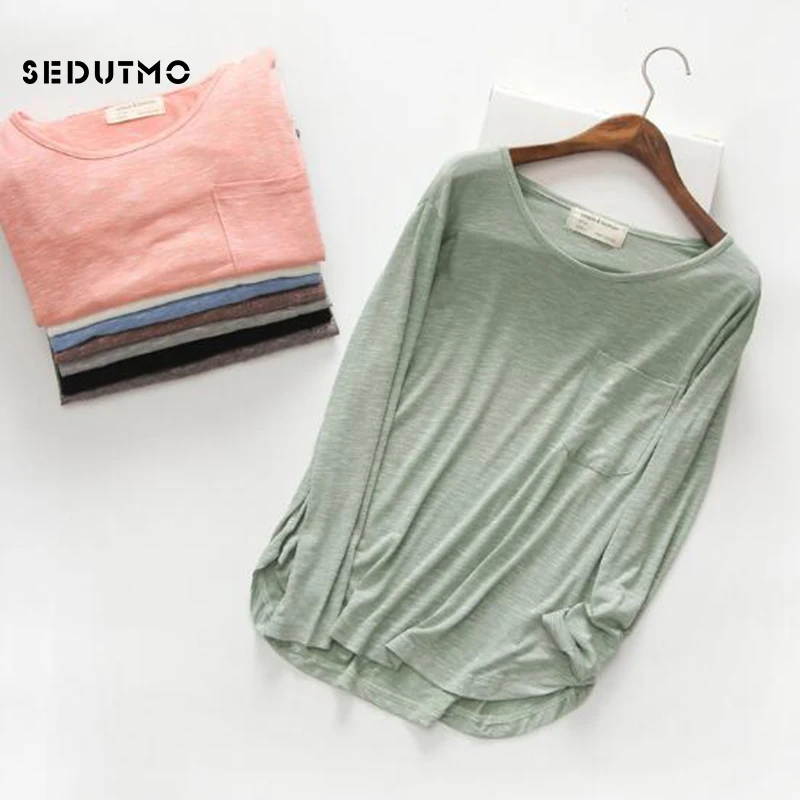 

SEDUTMO 2018 Summer 100% Cotton Harajuku T Shirt Women Long Sleeve Tops Bamboo Loose Shirts O-neck Casual Tee Blusas ED163