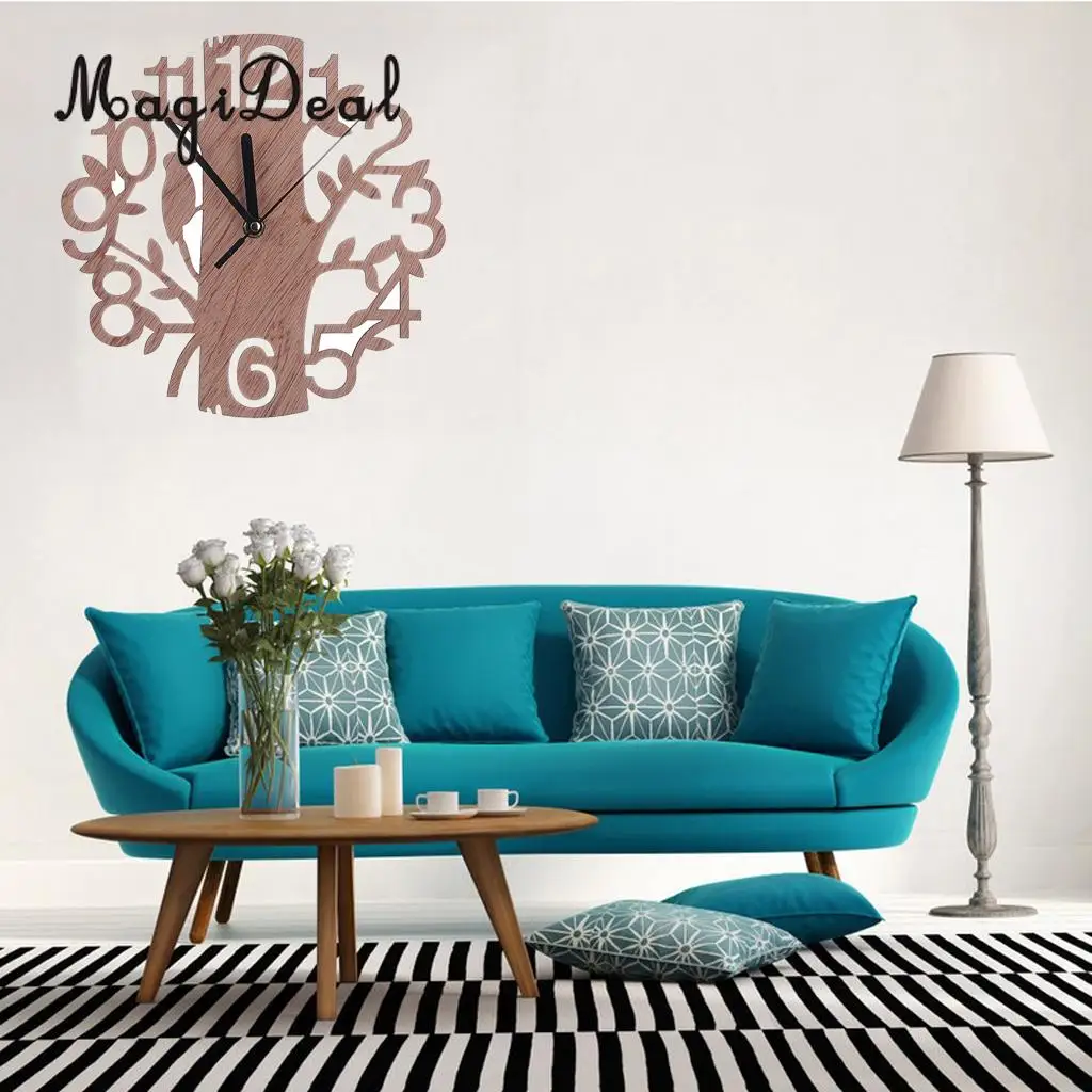 Tree Shaped Wooden Wall Clock Battery Operated Analog Clock for Home Office Housewarming Decor Gift
