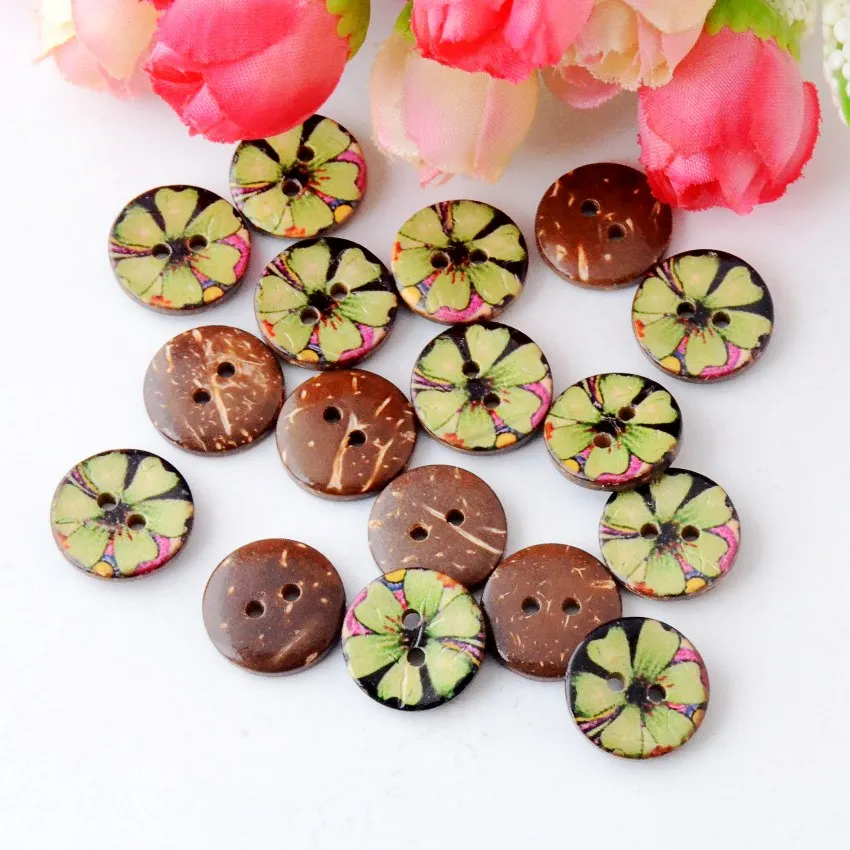 

Free Shipping Retail 20PCs Random Mixed 2 Holes Coconut Flower Round Shape Wood Sewing Buttons Scrapbooking 15mm F0695