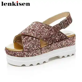 Lenkisen bling sequined cloth high heels buckle strap slingback solid platform wedge peep toe meeting travel women sandals L2f3
Lenkisen bling sequined cloth high heels buckle strap slingback solid platform wedge peep toe meeting travel women sandals L2f3