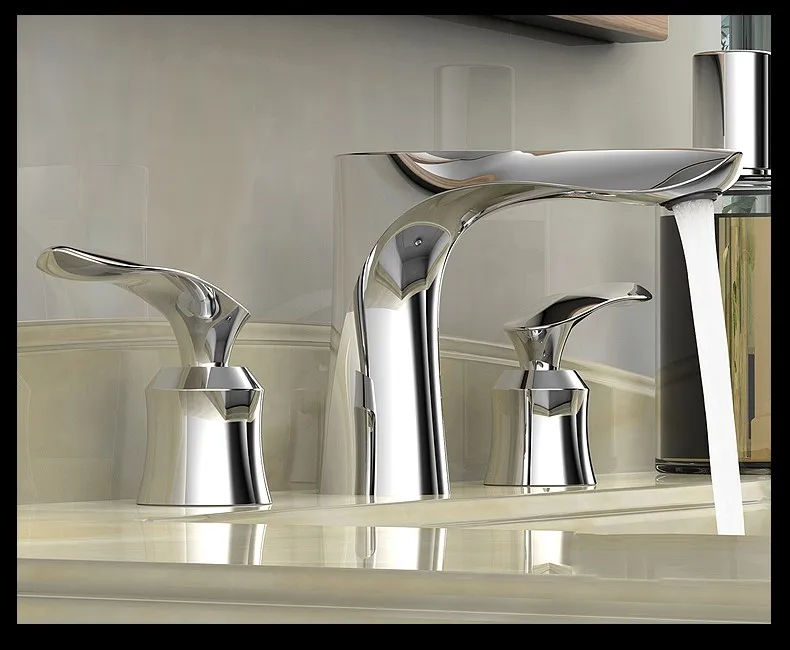 Chrome solid brass bathroom sink basin faucet Art design Dual handle three holes mixer faucet
Chrome solid brass bathroom sink basin faucet Art design Dual handle three holes mixer faucet