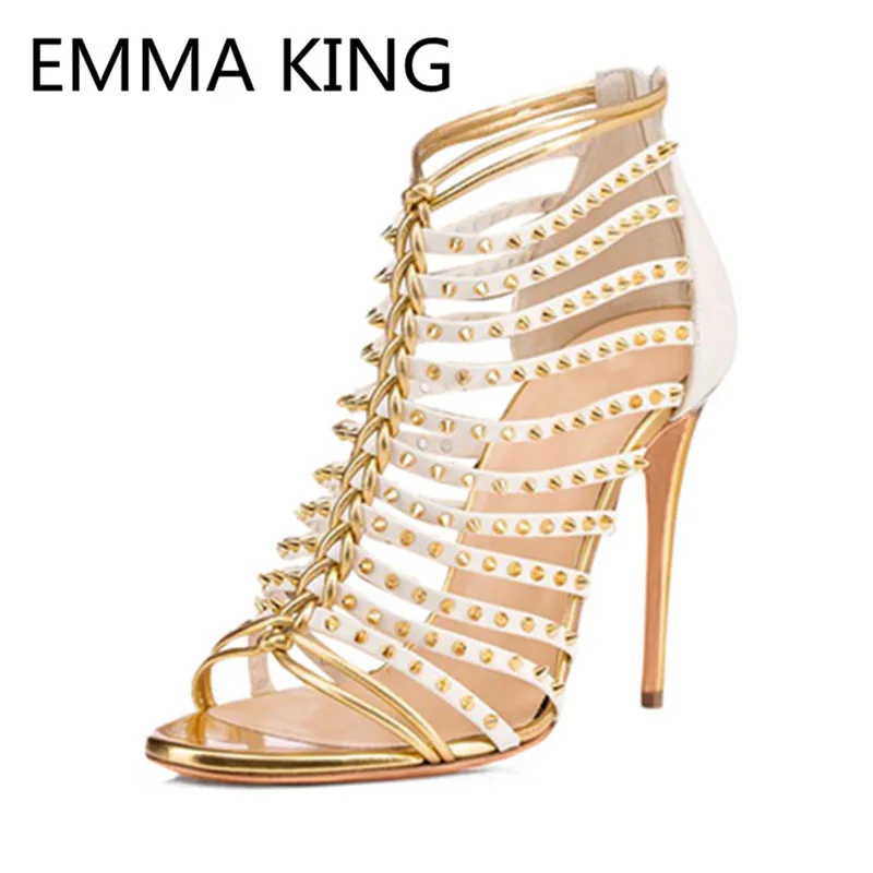 

New Fashion Gold Rivets Studded Women Gladiator Sandals Open Toe Cutout Sexy High Heels Ladies Summer Shoes Woman Roman Sandals