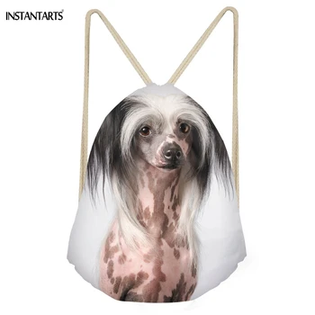 

INSTANTARTS Lovely 3D Printing Chinese Crested Dog Print Woman Drawstring Bags Multifunction Softback Backpacks Girl Beach Bags