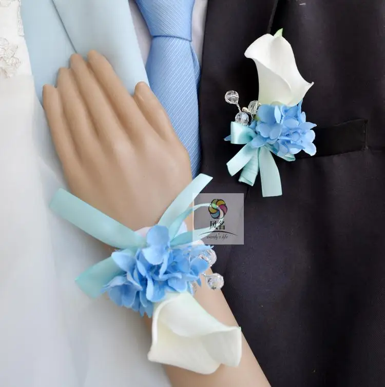 

Handmade Wedding Corsages Groom Boutonniere Bride Bridesmaid Hand Wrist Flower Blue White Artificial PU Calla Lily Flowers New