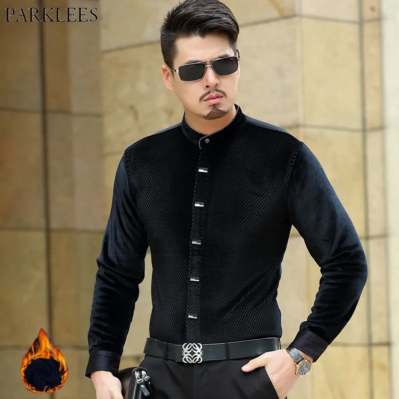 Men's Hipster Stand Collar Velvet Dress Shirts 2018 New Slim Fit Soft Fleece Lined Shirt Men High-end Quality Black Velour Shirt
Men's Hipster Stand Collar Velvet Dress Shirts 2018 New Slim Fit Soft Fleece Lined Shirt Men High-end Quality Black Velour Shirt