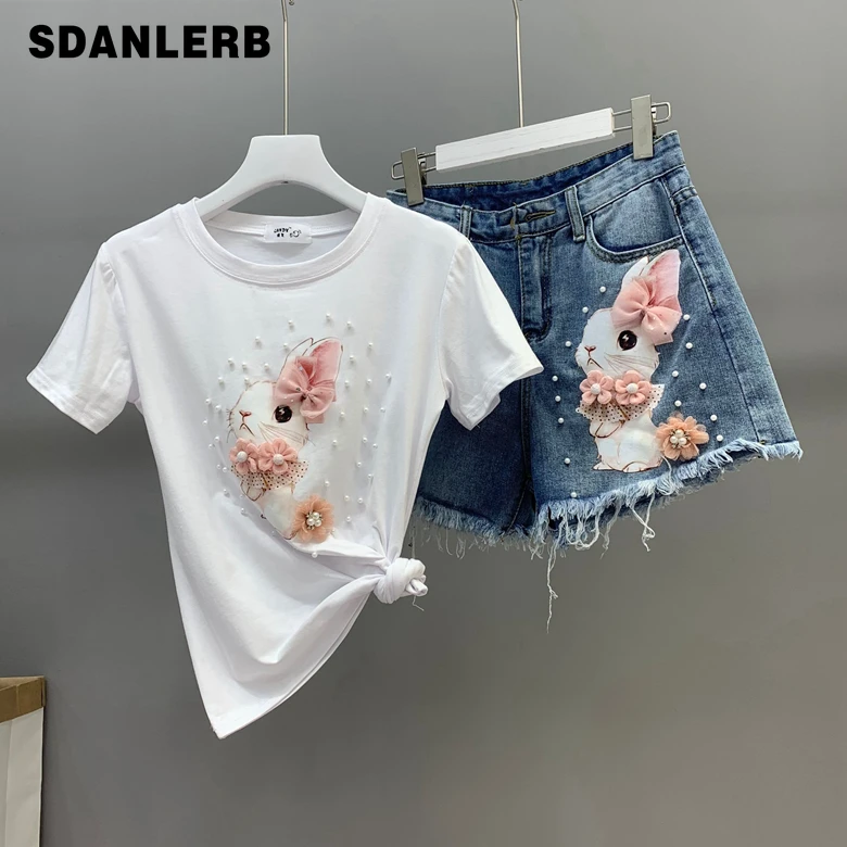 2019 Summer Hot Pants Suit Woman Two Piece Set New Flower Bunny Elastic T-shirt + Denim Shorts Female Jeans Shorts Sets
2019 Summer Hot Pants Suit Woman Two Piece Set New Flower Bunny Elastic T-shirt + Denim Shorts Female Jeans Shorts Sets