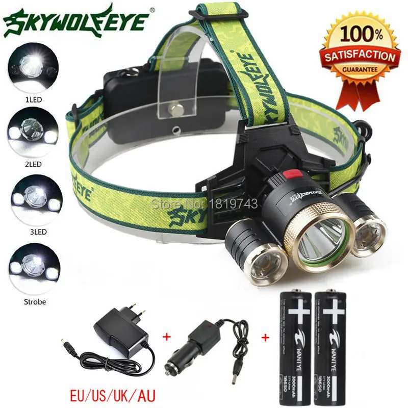 

New Headlamp CREE XM-L T6 + 2 x R5 6000Lm LED Rechargeable Headlight 4 Mode Head lamp light +2x18650 battery Charger+Car charger