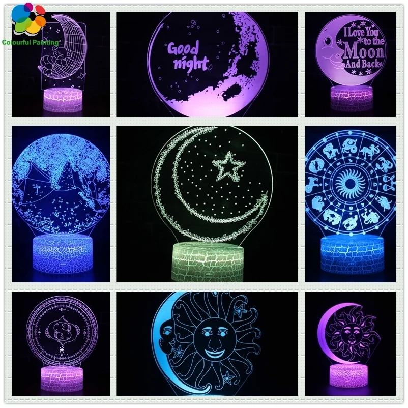 

Twelve Constellation Moon Good Night Sun Star Art 3D LED Crack Night Light 7 Colors Changing Lamp 3AA Battery Powered USB Gift 8