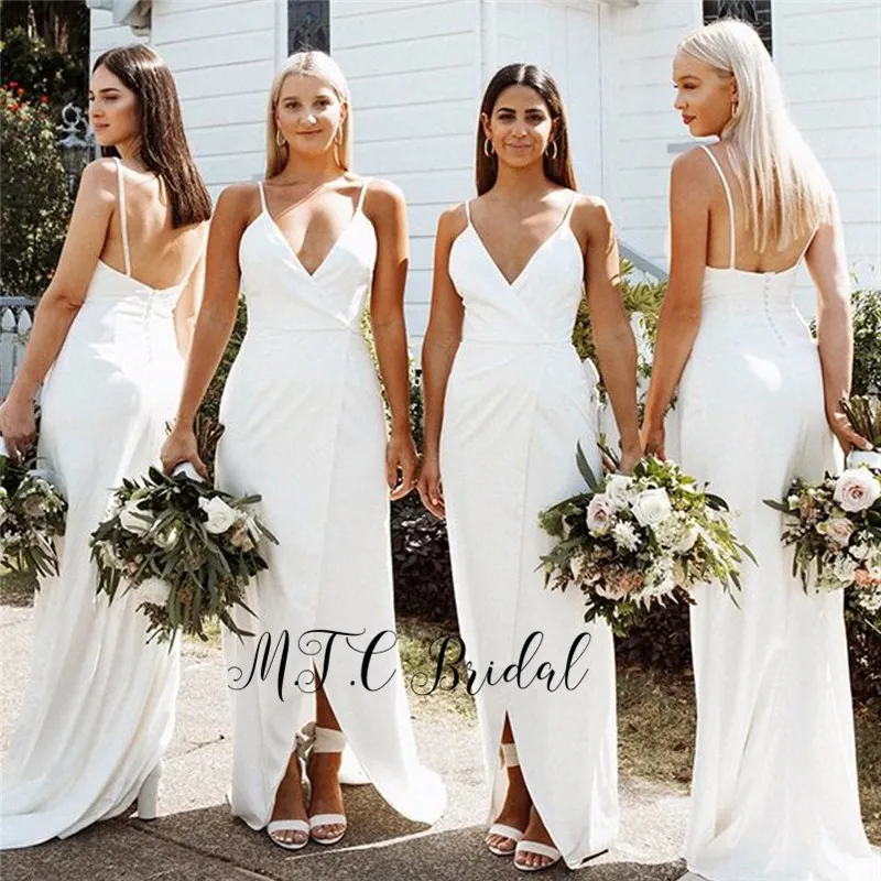 Newest 2019 White Long Bridesmaid Dresses Spaghetti Strap High Slit Elastic Satin Cheap Wedding Party Dress High Quality
Newest 2019 White Long Bridesmaid Dresses Spaghetti Strap High Slit Elastic Satin Cheap Wedding Party Dress High Quality