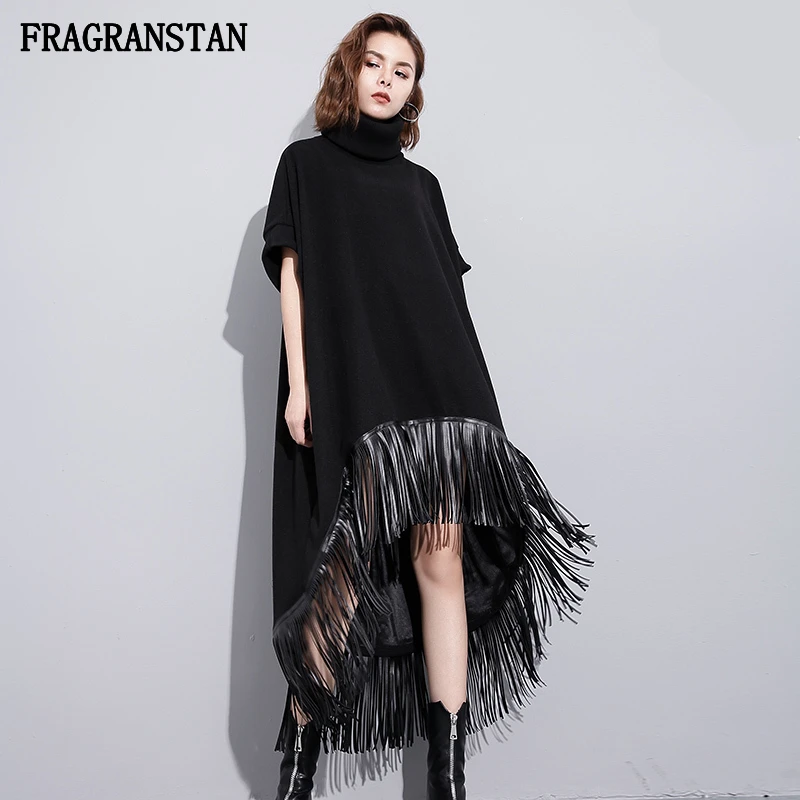 Autumn Winter Batwing Sleeve PU Tassel Turtleneck Wool Thick Dress Female Fashion Casual Irregular Personality Black Dress JQ140
Autumn Winter Batwing Sleeve PU Tassel Turtleneck Wool Thick Dress Female Fashion Casual Irregular Personality Black Dress JQ140