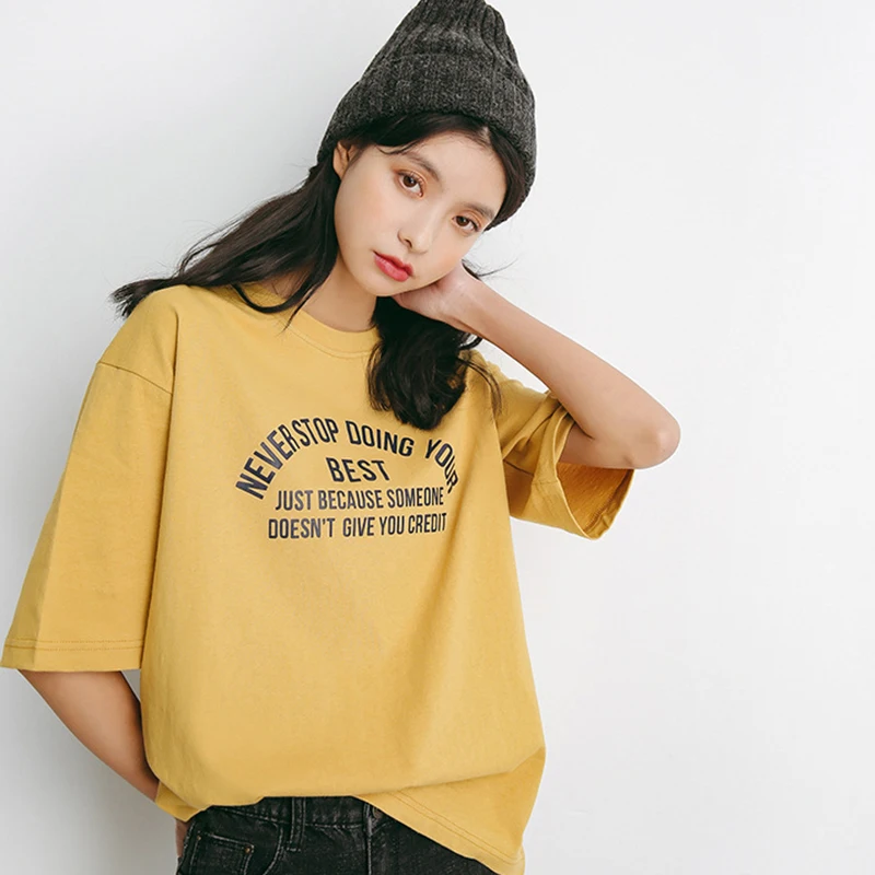 Round Neck Loose Letter Printed T-Shirt Women For Short-Sleeved Clothes Tops Thin Solid Color Tops Tees Female Streetwear Summer
Round Neck Loose Letter Printed T-Shirt Women For Short-Sleeved Clothes Tops Thin Solid Color Tops Tees Female Streetwear Summer