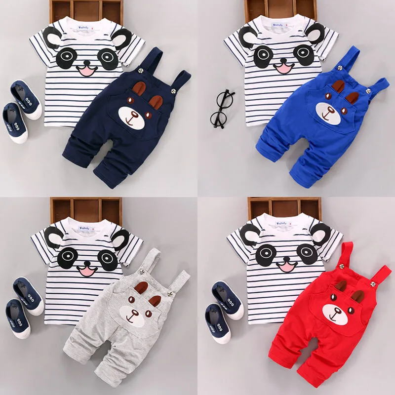 2PCS Outfit Set Novelty Baby Boy Girls Clothes Short Sleeve Striped T-shirt Tops and Denim Overalls Bib Pants Cut Panda Pattern
2PCS Outfit Set Novelty Baby Boy Girls Clothes Short Sleeve Striped T-shirt Tops and Denim Overalls Bib Pants Cut Panda Pattern