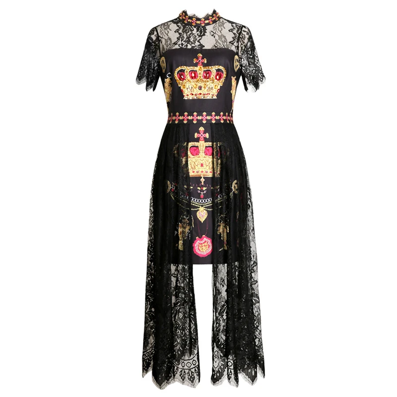 PERHAPS U black white lace patchwork Crown print stand collar zipper short sleeve empire midi long dress elegant summer D1679
PERHAPS U black white lace patchwork Crown print stand collar zipper short sleeve empire midi long dress elegant summer D1679