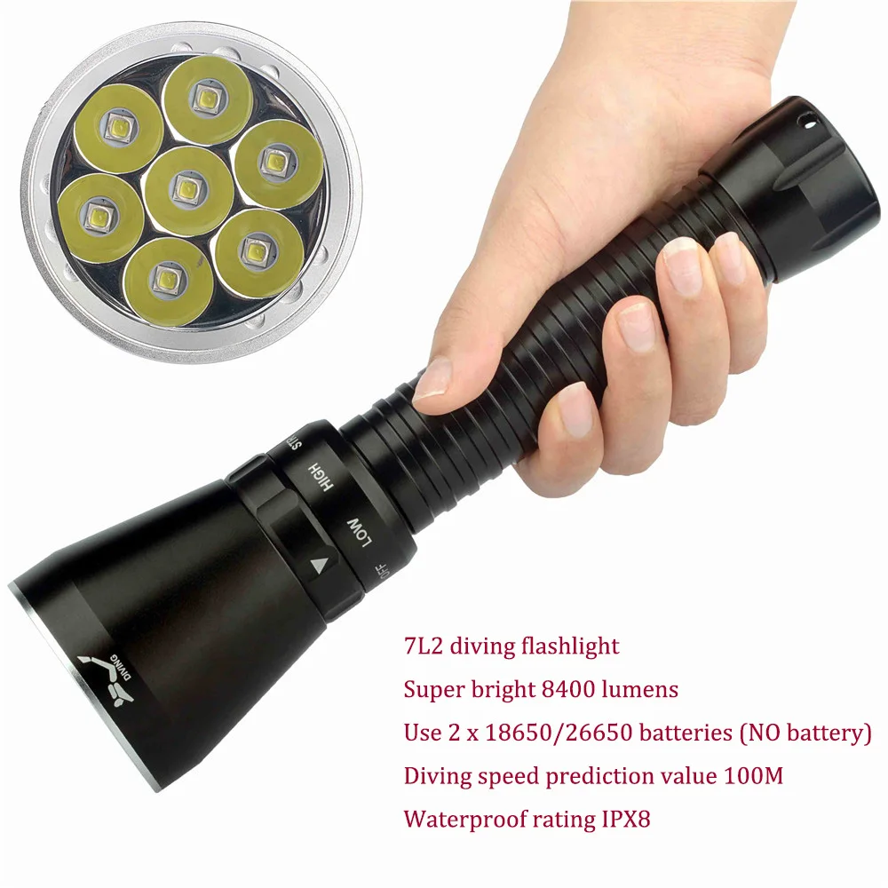 Super bright 8400 lumens 3 mode XM-L2 7LED diving flashlight using 2x18650 battery IPX8 waterproof spotlight outdoor flashlight
Super bright 8400 lumens 3 mode XM-L2 7LED diving flashlight using 2x18650 battery IPX8 waterproof spotlight outdoor flashlight