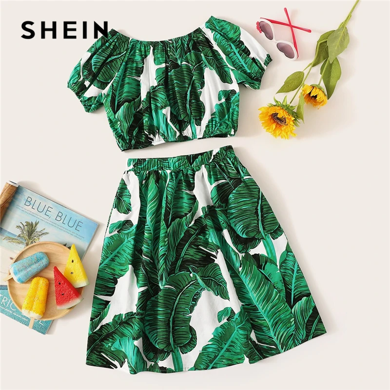 

SHEIN Kiddie Girls Green Scoop Neck Tropical Print Crop Blouse And Skirt Beach Suit Set 2019 Summer Vacation Boho Kids Outfits