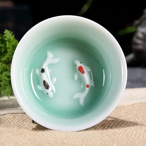 

Celadon cups, Porcelain kung fu teacup, double fishes Pu'er ,black,oolong, green tea cup
