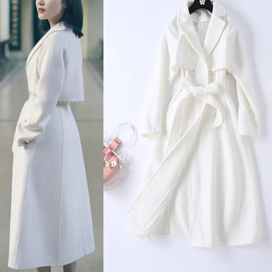Beading Women White Woolen Long Coat Autumn Winter Tops with Sash Long Sleeve wool blends 2019 Classy Elegant Overcoat
Beading Women White Woolen Long Coat Autumn Winter Tops with Sash Long Sleeve wool blends 2019 Classy Elegant Overcoat