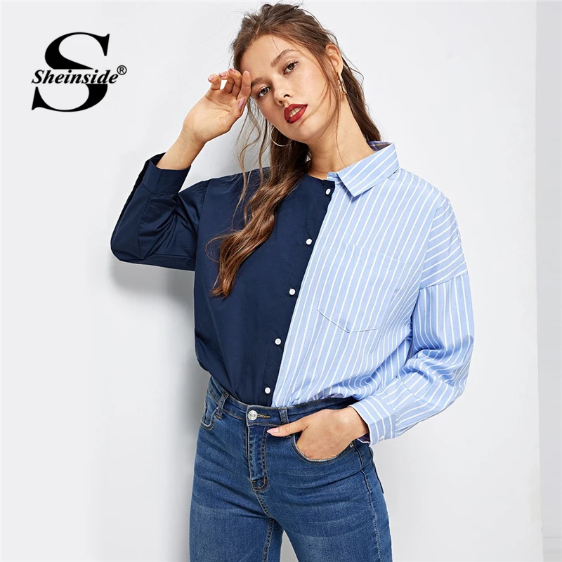 

Sheinside Asymmetrical Neck Striped Print Shirt Women Long Sleeve Blouse 2019 Autumn Shirts Two Tone Womens Tops and Blouses