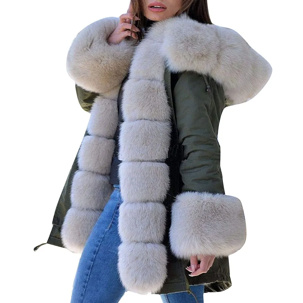 

KLV Womens Casual Long Sleeves Cotton Faux Fur Green Coat Winter Jacket Parka Hooded Solid Fishtail Female Overcoat z1126