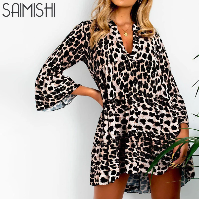Saimishi Spring Summer Lady Fashion Flare Sleeve Leopard Mini Dress Animal Skin Chic Smock Dress V Neck Vintage A Line Dress
Saimishi Spring Summer Lady Fashion Flare Sleeve Leopard Mini Dress Animal Skin Chic Smock Dress V Neck Vintage A Line Dress