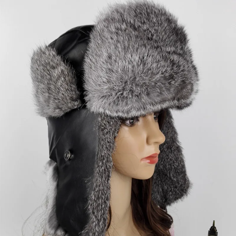 Шапки-бомберы из натурального меха кролика (TopFurMall) зимние теплые шапки