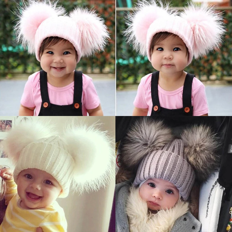 

Baby Kids Wool Knitted Hat Double Fur Pompom Cap Child Beanie Winter Spring Warm Pom Pom Caps Boys Girls 13cm Pompon Hats Bonnet